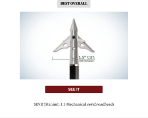 SEVR’s Titanium 1.5 mechanical broadhead is growing in popularity thanks to a nearly field point level of accuracy. The group shown is from 100-yards. Jace Bauserman